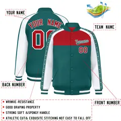 Red Aqua K-Ribbon Raglan Color Block Full-Snap Letterman Jacket 2