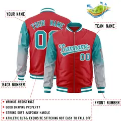 Red Aqua-Silver Gradient Raglan Varsity Full-Zip Letterman Bomber Jacket 2