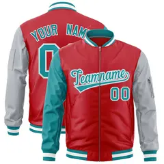 Red Aqua Silver Varsity Full-Zip Raglan Letterman Bomber Jacket