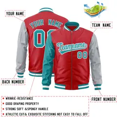 Red Aqua Silver Varsity Full-Zip Raglan Letterman Bomber Jacket 2