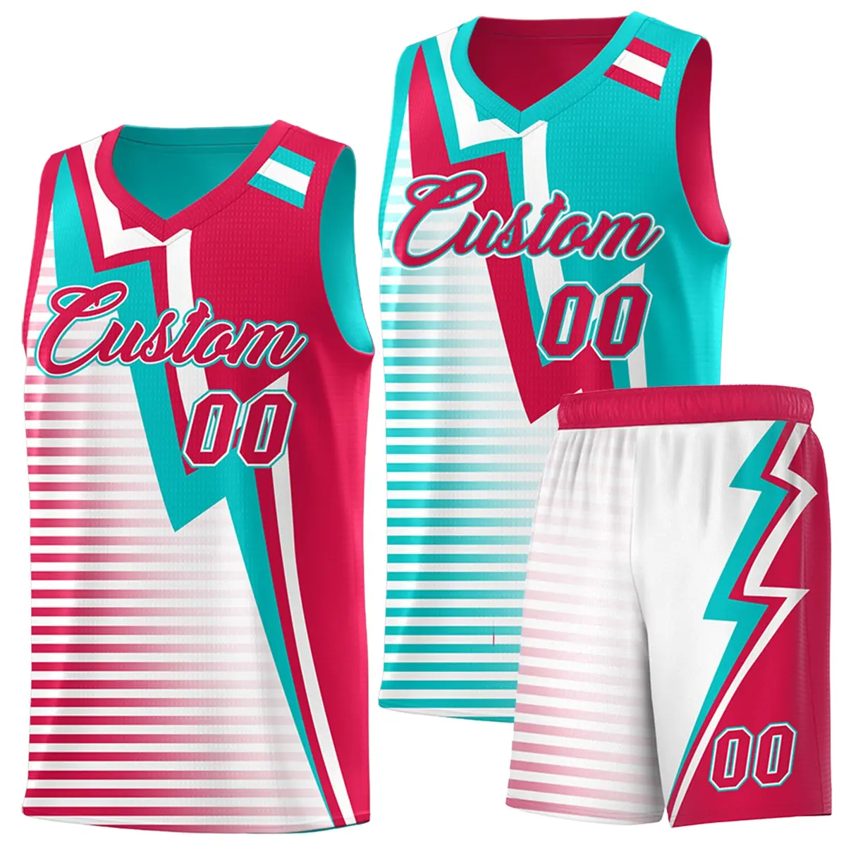 Red Aqua White Gradient Lightning Stripe Reversible Basketball Jersey Sets