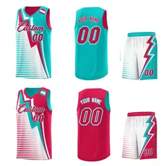 Red Aqua White Gradient Lightning Stripe Reversible Basketball Jersey Sets 2