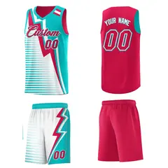 Red Aqua White Gradient Lightning Stripe Reversible Basketball Jersey Sets 5