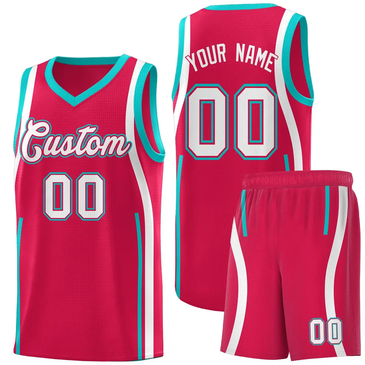 Red Aqua-White Ribbon Pattern Basketball Kits