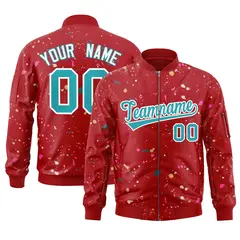 Red Aqua-White Splash Graffiti Varsity Full-Zip Letterman Jacket 1