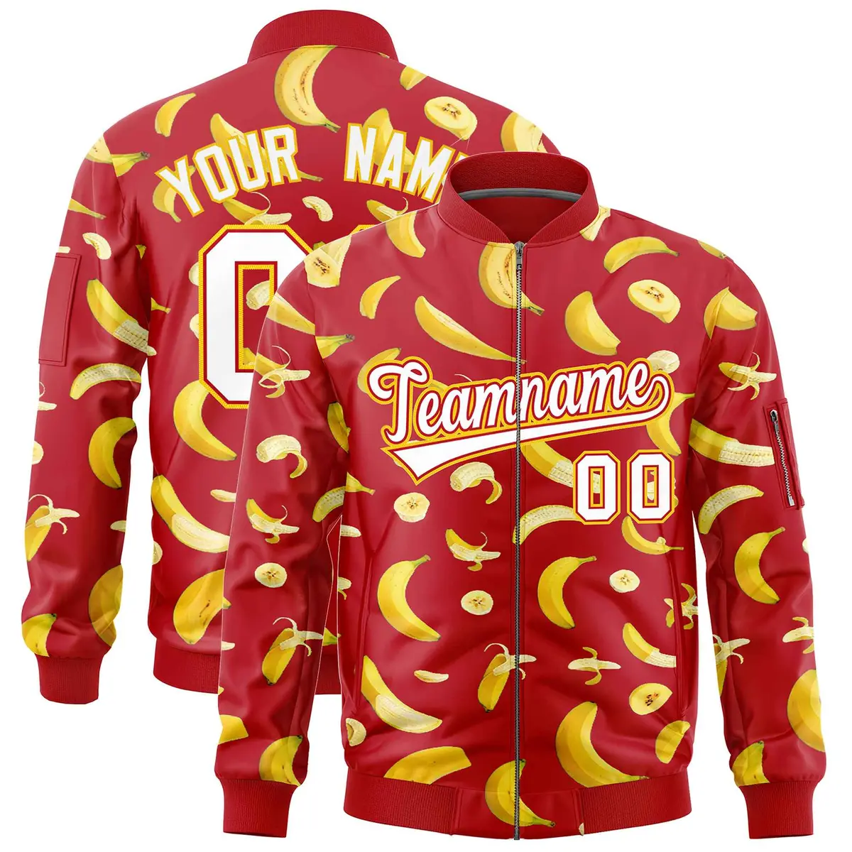 Red Banana Pattern Letterman Bomber Varsity Full-Zip Jacket