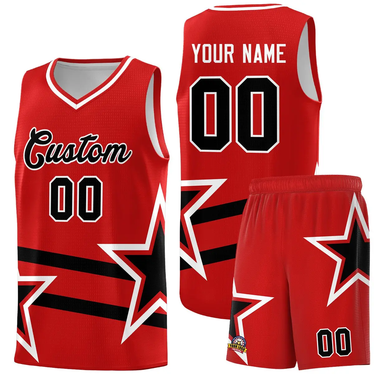 Red Basketball Kit with Black Star Pattern and Double Lines