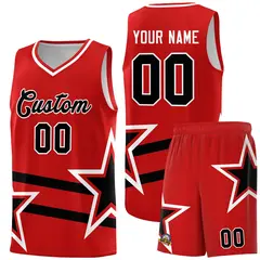 Red Basketball Kit with Black Star Pattern and Double Lines
