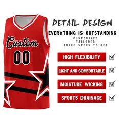Red Basketball Kit with Black Star Pattern and Double Lines 2
