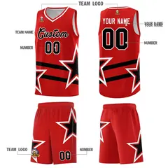 Red Basketball Kit with Black Star Pattern and Double Lines 5
