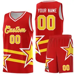 Red Basketball Kit with Gold Star Pattern and Double Lines