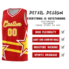 Red Basketball Kit with Gold Star Pattern and Double Lines 2