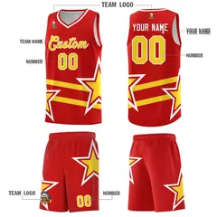 Red Basketball Kit with Gold Star Pattern and Double Lines 5