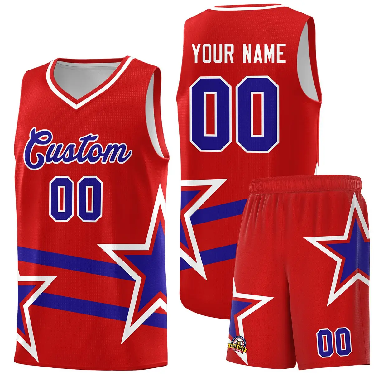 Red Basketball Kits Royal Star Pattern And Double Lines