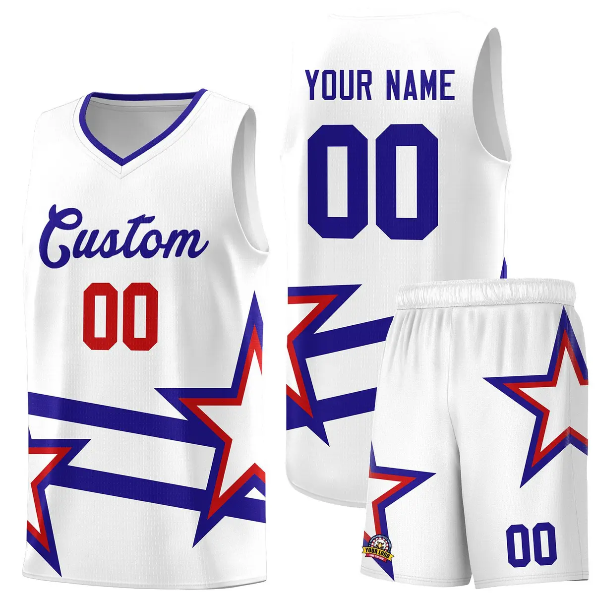 Red Basketball Kits Royal Star Pattern And Double Lines