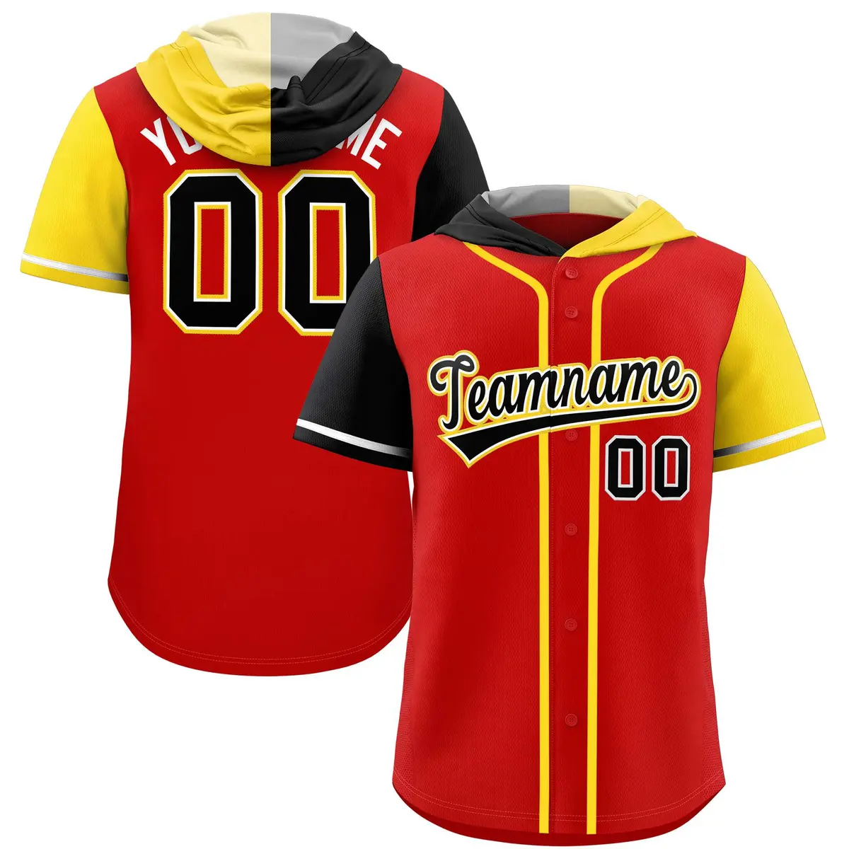 Red Black and Gold Split Raglan Baseball Hoodie Jersey