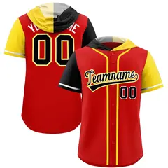 Red Black and Gold Split Raglan Baseball Hoodie Jersey