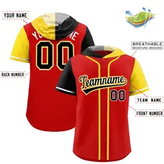 Red Black and Gold Split Raglan Baseball Hoodie Jersey 2