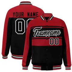 Red Black Color Block Varsity Full-Snap Bomber Jacket