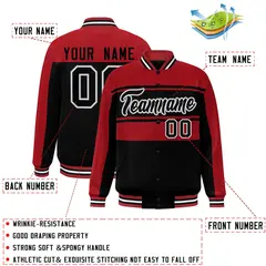 Red Black Color Block Varsity Full-Snap Bomber Jacket 2