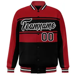 Red Black Color Block Varsity Full-Snap Bomber Jacket 3