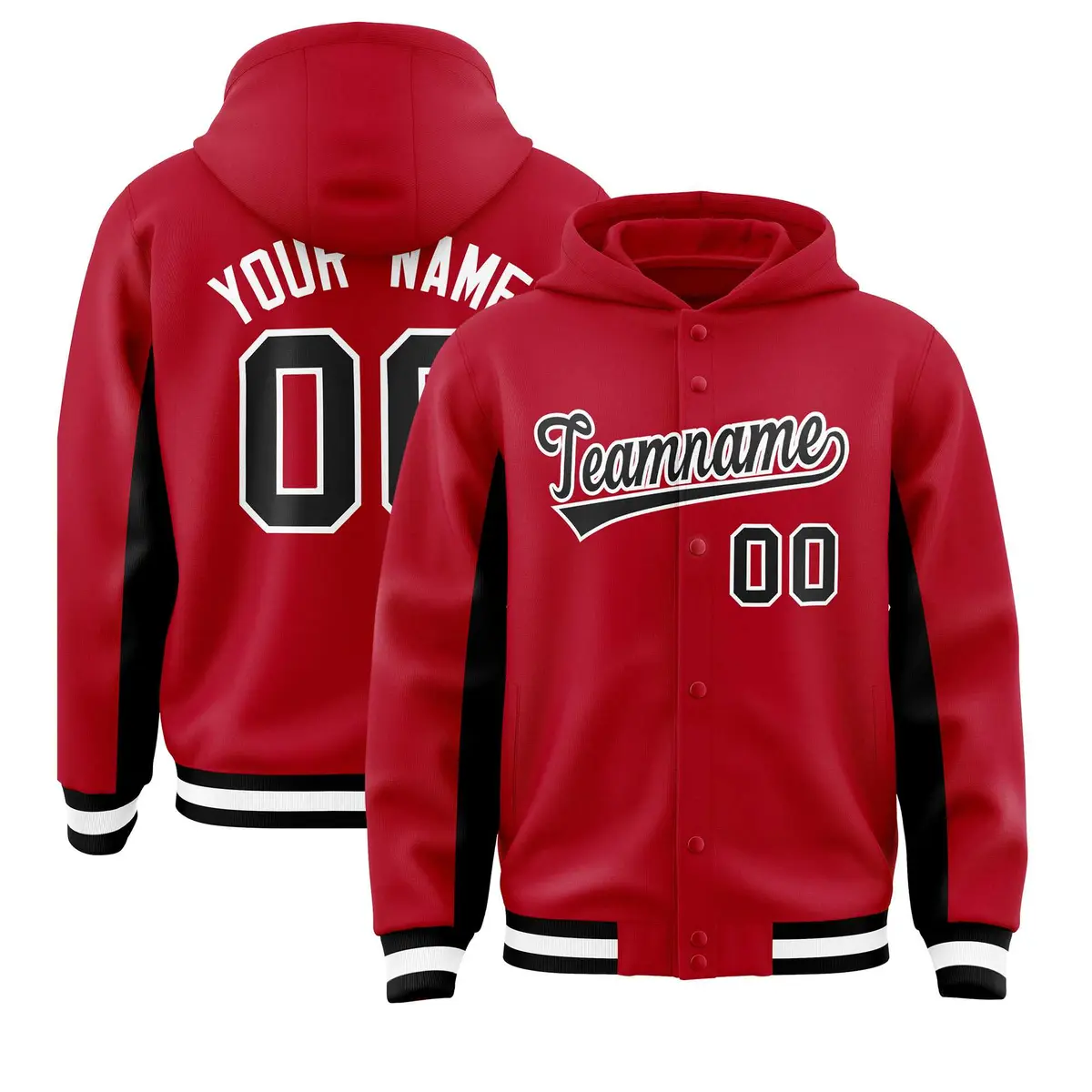 Red Black Color Block Varsity Letterman Jacket Hoodie