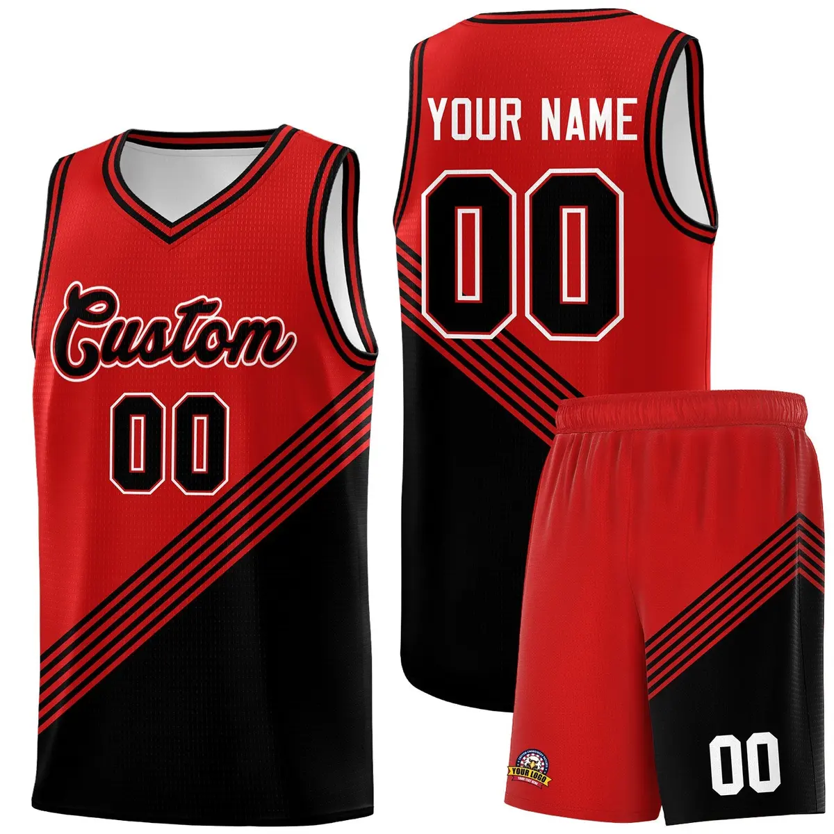 Red Black Diagonal Stripes Color Block Basketball Jersey