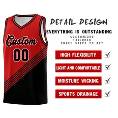 Red Black Diagonal Stripes Color Block Basketball Jersey 2