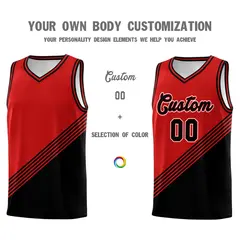 Red Black Diagonal Stripes Color Block Basketball Jersey 3