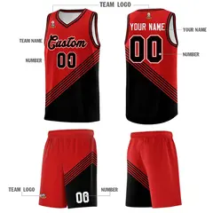 Red Black Diagonal Stripes Color Block Basketball Jersey 5