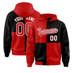 Red Black Four Squares Color Block Varsity Letterman Jacket Hoodie 1