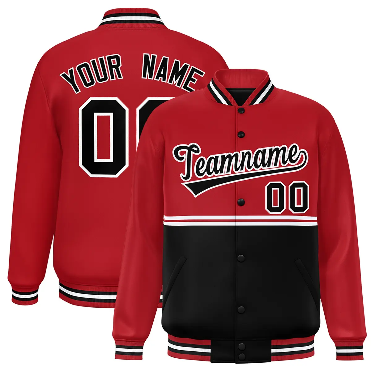 Red Black Full-Snap Color Block Varsity Letterman Jacket