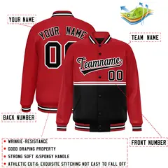 Red Black Full-Snap Color Block Varsity Letterman Jacket 2