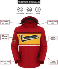 Red Black-Gold Color Block Hooded Outdoor Waterproof Jacket 2