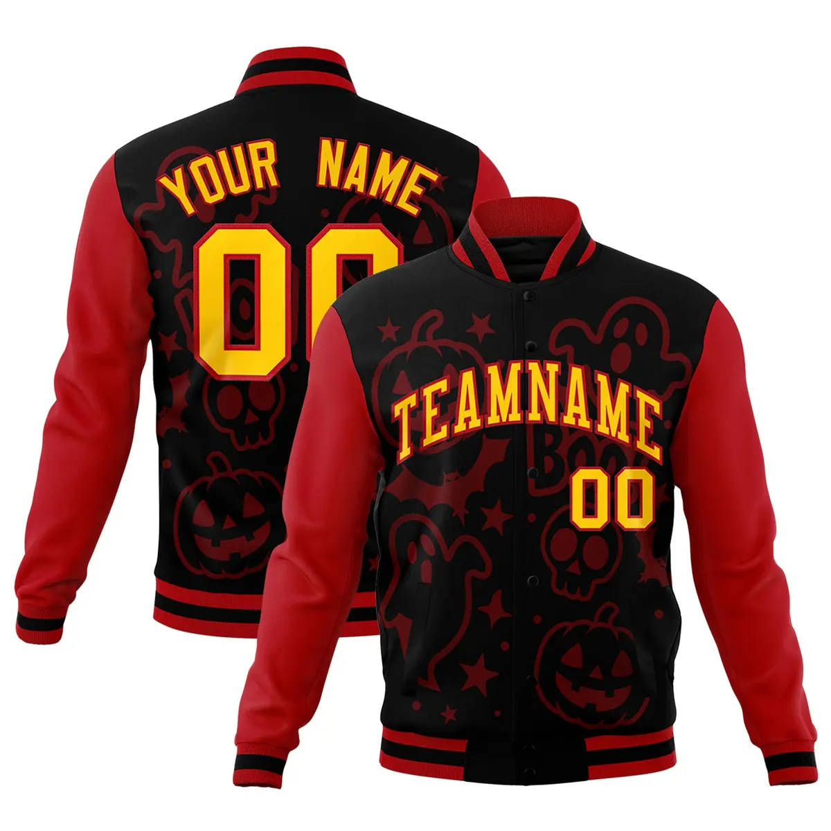 Red Black Gold Halloween Bats Pumpkins Ghost Letterman Jacket