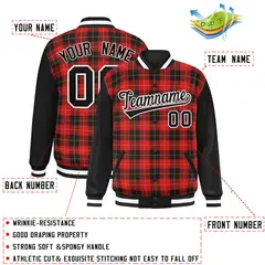 Red Black-Gold Plaid Varsity Letterman Baseball Jacket 2