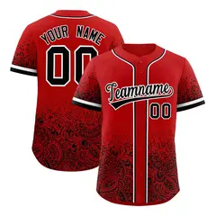 Red Black Gradient Floral Print Full Button Baseball Jersey