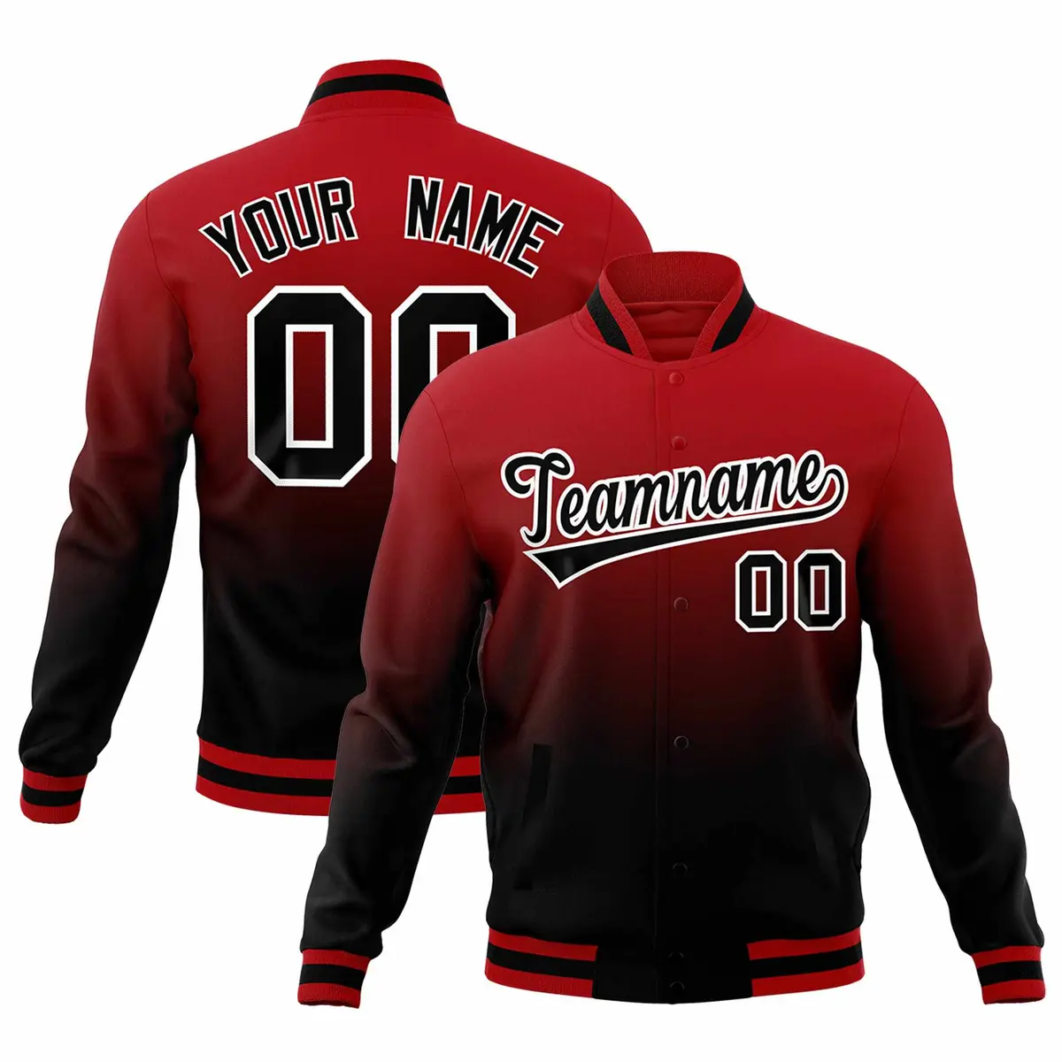Red Black Gradient Full-Snap Varsity Letterman Jacket