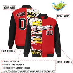 Red Black Graffiti Pattern Varsity Full-Snap Letterman Baseball Jacket 2