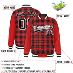 Red Black-Gray Plaid Varsity Letterman Baseball Jacket 2