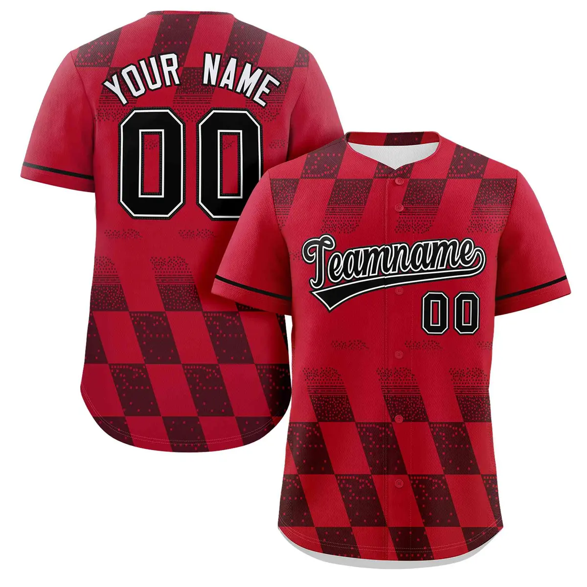 Red Black Grid Speckles Color Block Baseball Jersey