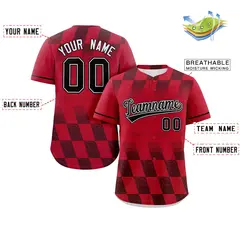Red Black Grid Speckles Color Block Baseball Jersey 2