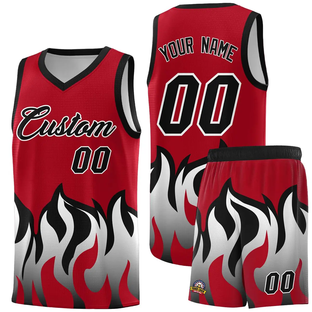 Red Black Hem Flame Pattern Sports Uniform Basketball Jersey