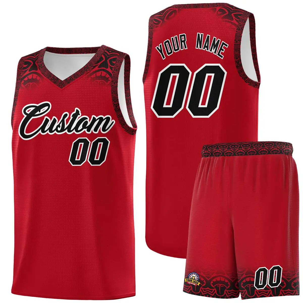 Red Black Indians Print Basketball Uniform Jersey