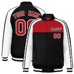 Red Black K-Ribbon Raglan Varsity Full-Snap Color Block Letterman Jacket