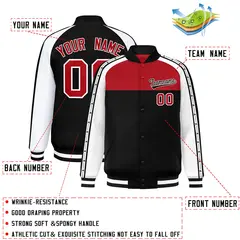 Red Black K-Ribbon Raglan Varsity Full-Snap Color Block Letterman Jacket 2