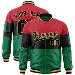 Red Black-Kelly Green Color Block Varsity Letterman Bomber Jacket