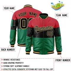 Red Black-Kelly Green Color Block Varsity Letterman Bomber Jacket 2