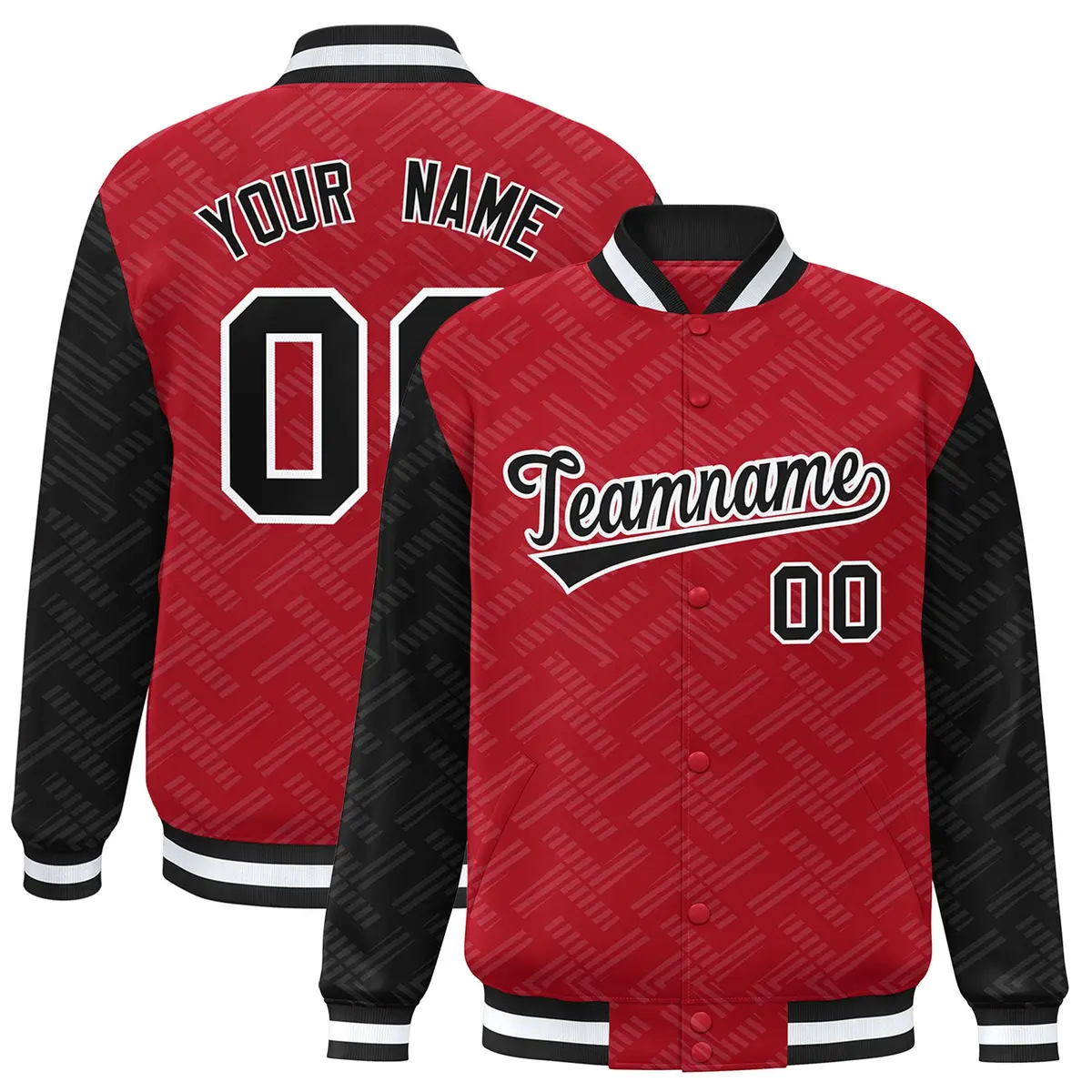 Red Black L Pattern Raglan Full-Snap Varsity Letterman Jacket