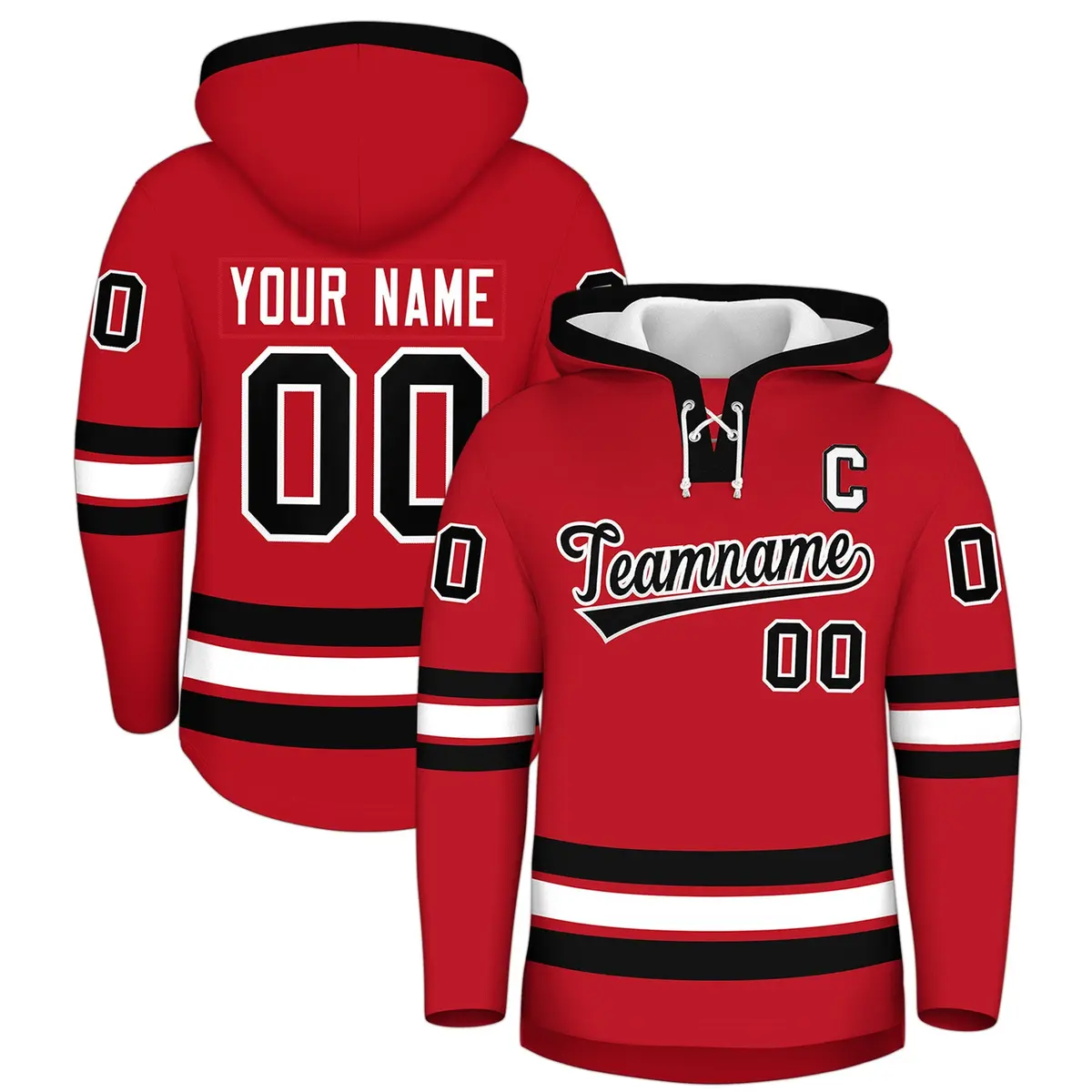 Red Black Lace-Up Neck Hockey Hoodie Classic Style